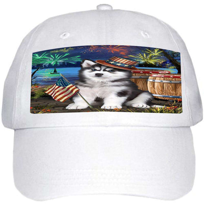 4th of July Independence Day Fireworks Siberian Husky Dog at the Lake Ball Hat Cap HAT56724