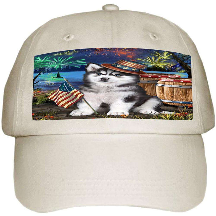 4th of July Independence Day Fireworks Siberian Husky Dog at the Lake Ball Hat Cap HAT56724