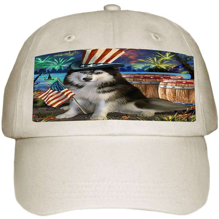 4th of July Independence Day Fireworks Siberian Husky Dog at the Lake Ball Hat Cap HAT56727