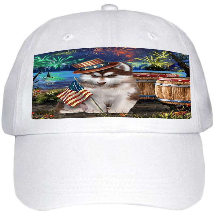 4th of July Independence Day Fireworks Siberian Husky Dog at the Lake Ball Hat Cap HAT56730