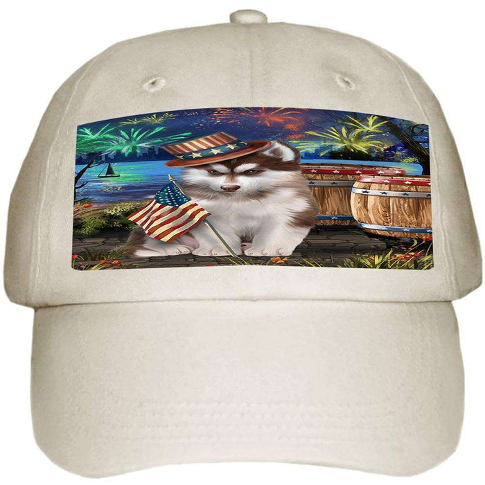 4th of July Independence Day Fireworks Siberian Husky Dog at the Lake Ball Hat Cap HAT56730