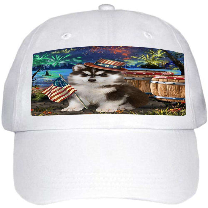 4th of July Independence Day Fireworks Siberian Husky Dog at the Lake Ball Hat Cap HAT56736