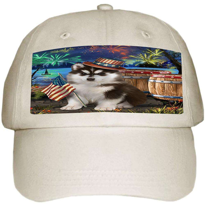 4th of July Independence Day Fireworks Siberian Husky Dog at the Lake Ball Hat Cap HAT56736