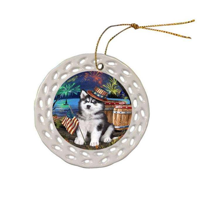 4th of July Independence Day Fireworks Siberian Husky Dog at the Lake Ceramic Doily Ornament DPOR50997