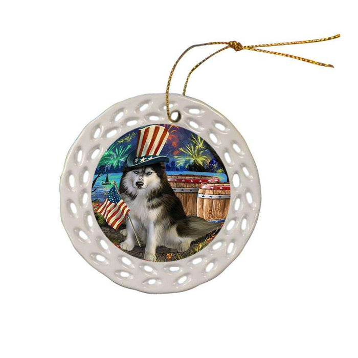 4th of July Independence Day Fireworks Siberian Husky Dog at the Lake Ceramic Doily Ornament DPOR50998