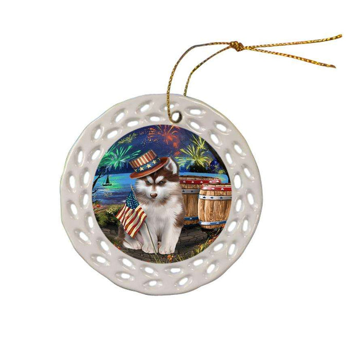 4th of July Independence Day Fireworks Siberian Husky Dog at the Lake Ceramic Doily Ornament DPOR50999