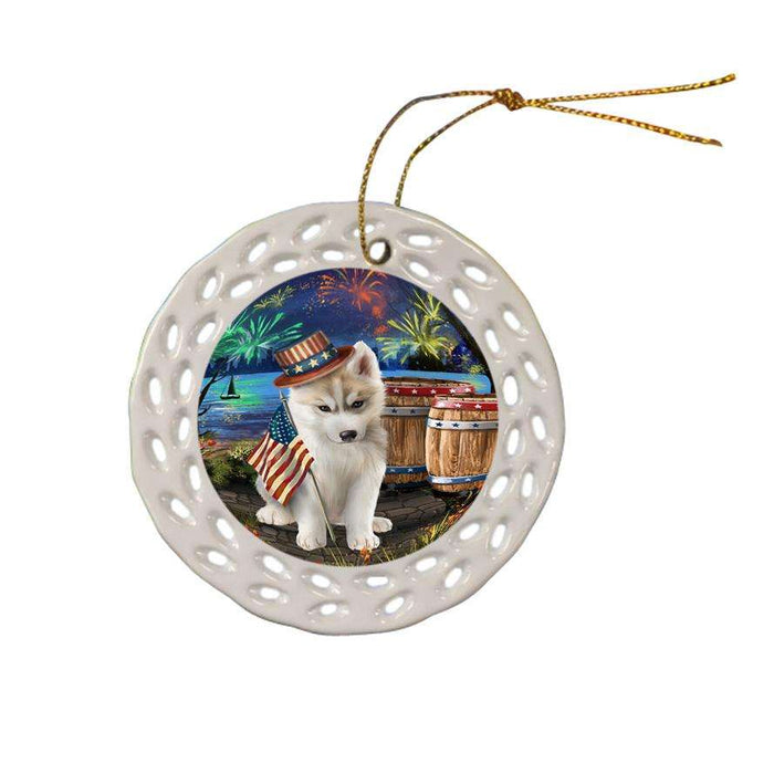 4th of July Independence Day Fireworks Siberian Husky Dog at the Lake Ceramic Doily Ornament DPOR51000