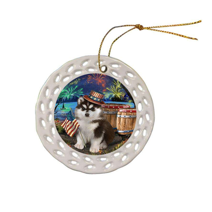 4th of July Independence Day Fireworks Siberian Husky Dog at the Lake Ceramic Doily Ornament DPOR51001