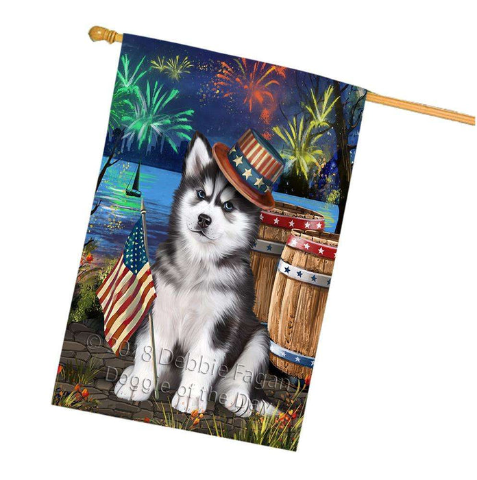 4th of July Independence Day Fireworks  Siberian Husky Dog at the Lake House Flag FLG51055