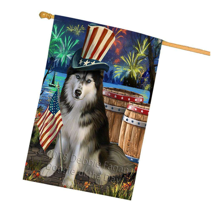 4th of July Independence Day Fireworks  Siberian Husky Dog at the Lake House Flag FLG51056