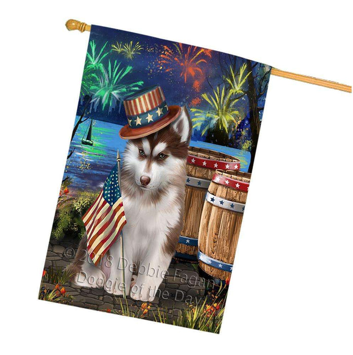 4th of July Independence Day Fireworks  Siberian Husky Dog at the Lake House Flag FLG51057