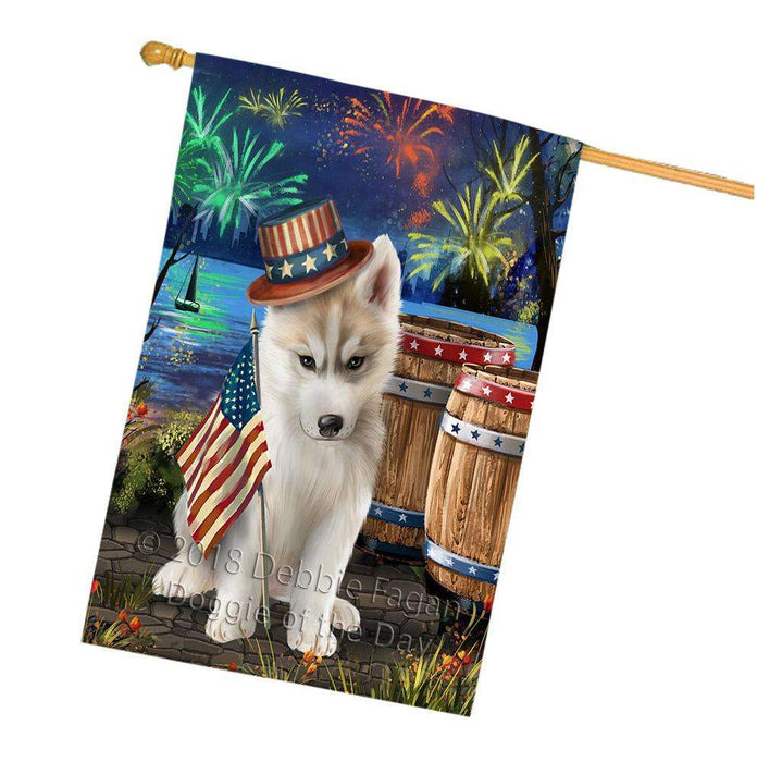 4th of July Independence Day Fireworks  Siberian Husky Dog at the Lake House Flag FLG51058