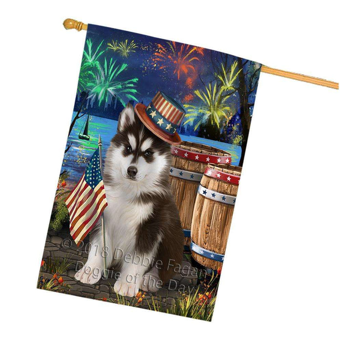 4th of July Independence Day Fireworks  Siberian Husky Dog at the Lake House Flag FLG51059