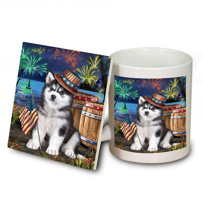 4th of July Independence Day Fireworks Siberian Husky Dog at the Lake Mug and Coaster Set MUC50989
