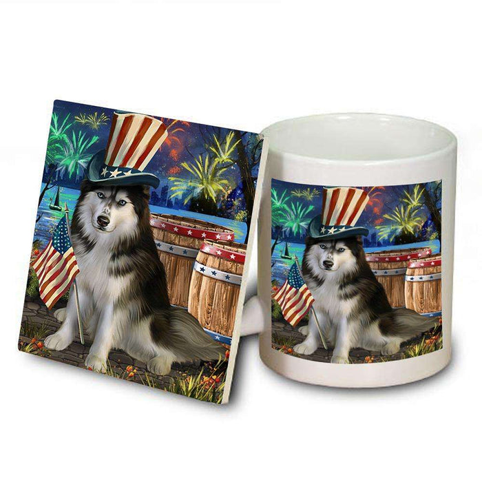 4th of July Independence Day Fireworks Siberian Husky Dog at the Lake Mug and Coaster Set MUC50990