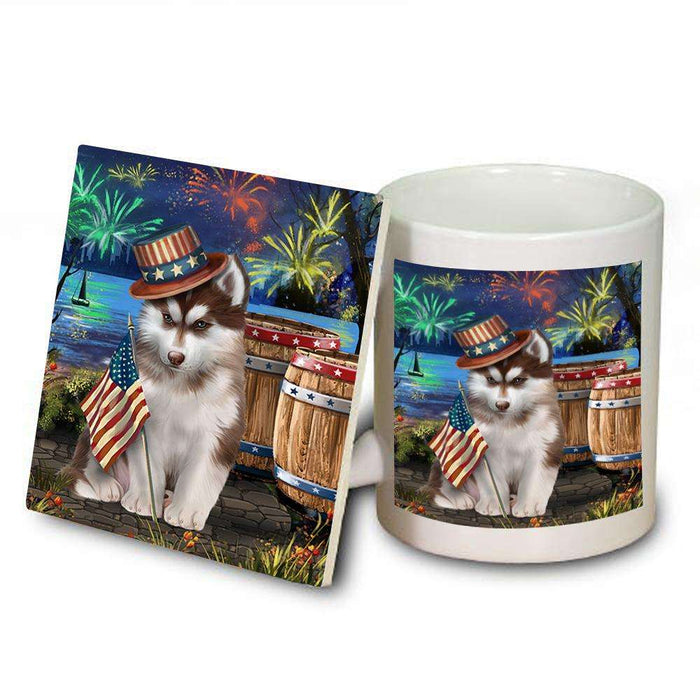 4th of July Independence Day Fireworks Siberian Husky Dog at the Lake Mug and Coaster Set MUC50991