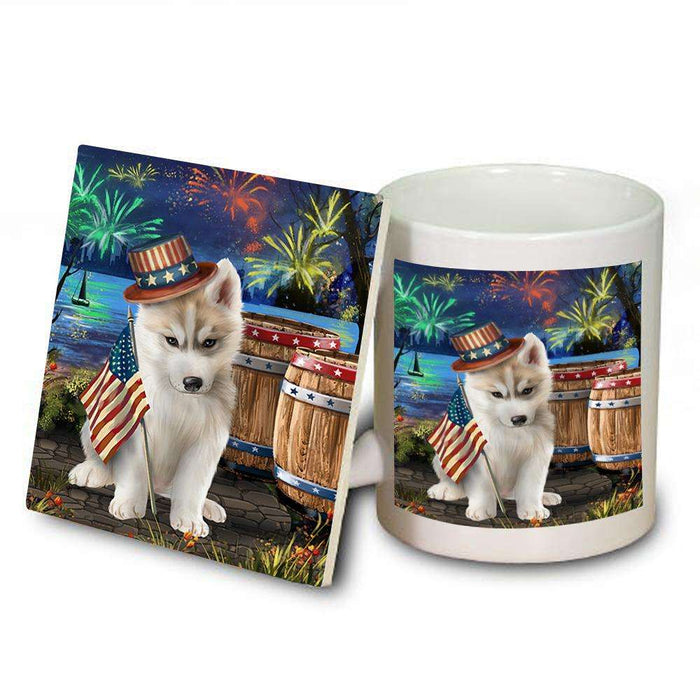 4th of July Independence Day Fireworks Siberian Husky Dog at the Lake Mug and Coaster Set MUC50992