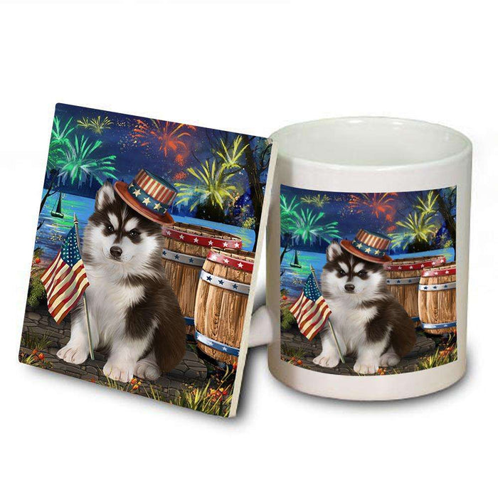 4th of July Independence Day Fireworks Siberian Husky Dog at the Lake Mug and Coaster Set MUC50993