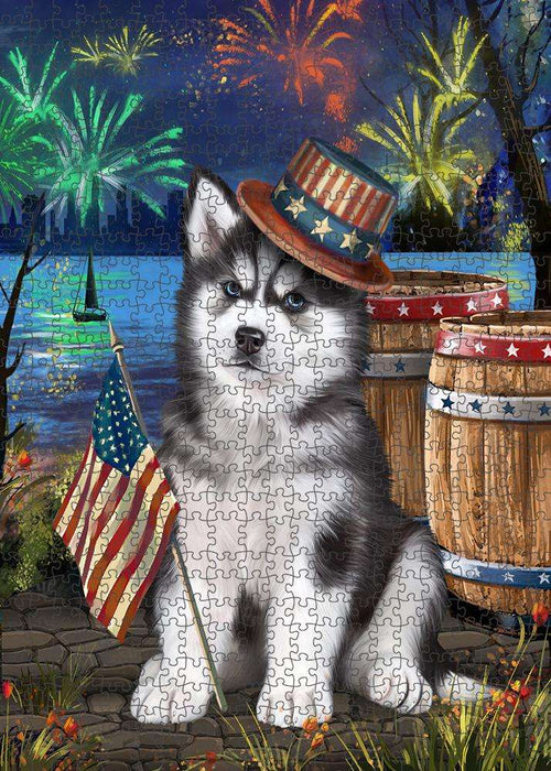 4th of July Independence Day Fireworks Siberian Husky Dog at the Lake Puzzle with Photo Tin PUZL56853