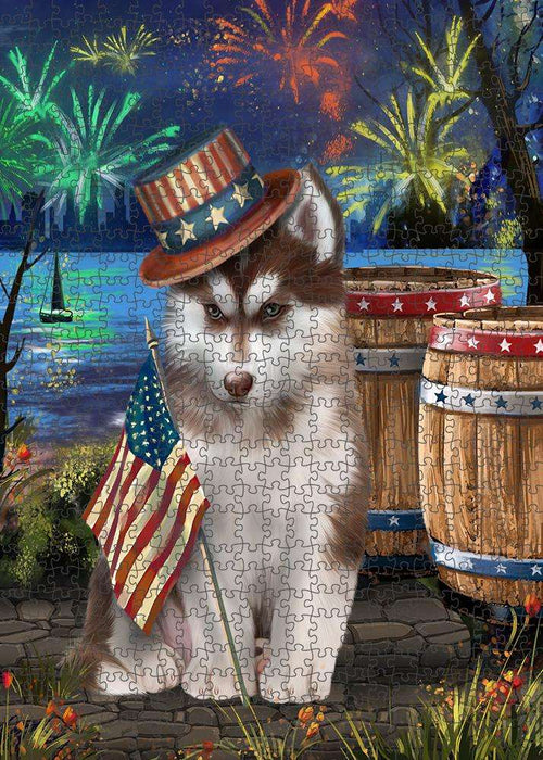 4th of July Independence Day Fireworks Siberian Husky Dog at the Lake Puzzle with Photo Tin PUZL56859