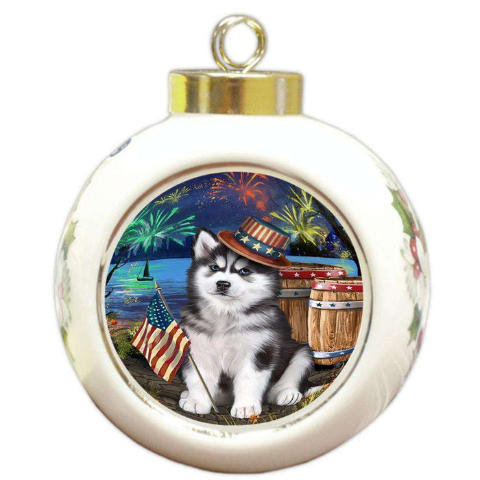 4th of July Independence Day Fireworks Siberian Husky Dog at the Lake Round Ball Christmas Ornament RBPOR50997