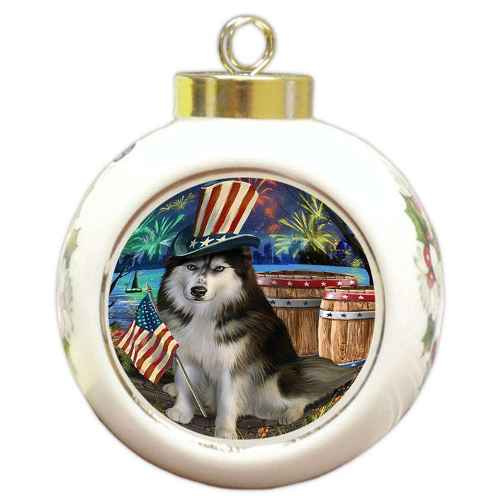 4th of July Independence Day Fireworks Siberian Husky Dog at the Lake Round Ball Christmas Ornament RBPOR50998