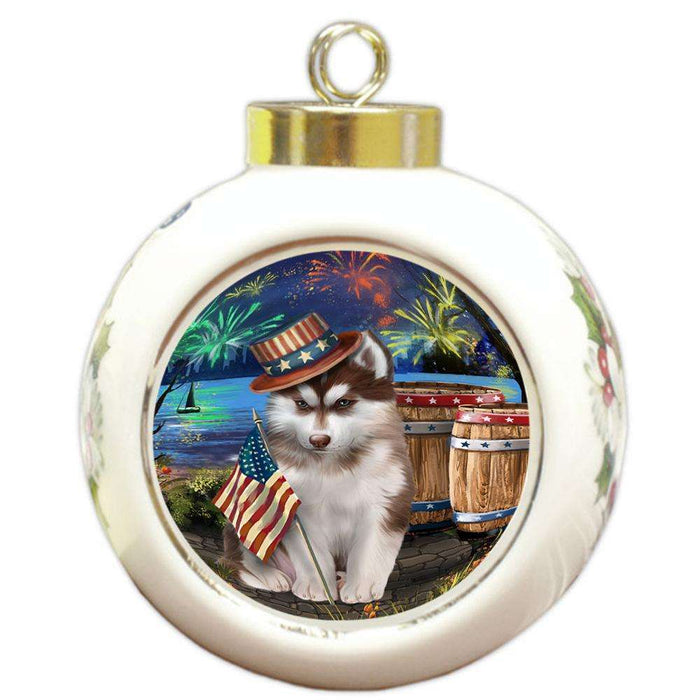 4th of July Independence Day Fireworks Siberian Husky Dog at the Lake Round Ball Christmas Ornament RBPOR50999