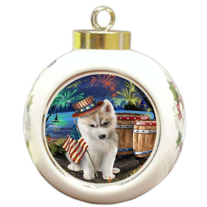 4th of July Independence Day Fireworks Siberian Husky Dog at the Lake Round Ball Christmas Ornament RBPOR51000