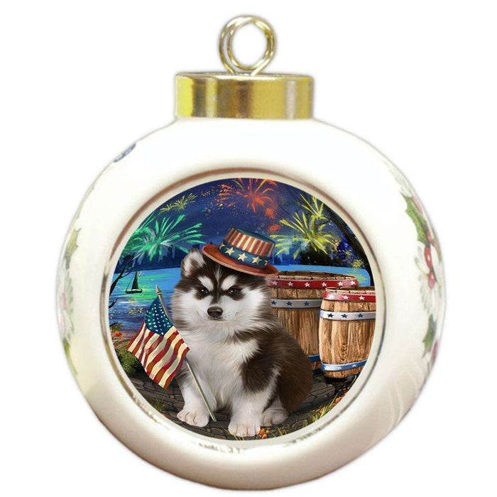 4th of July Independence Day Fireworks Siberian Husky Dog at the Lake Round Ball Christmas Ornament RBPOR51001