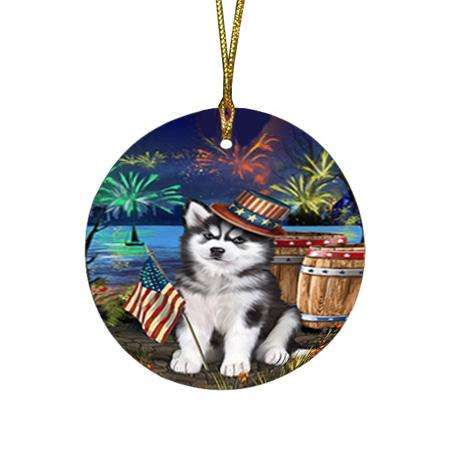 4th of July Independence Day Fireworks Siberian Husky Dog at the Lake Round Flat Christmas Ornament RFPOR50988