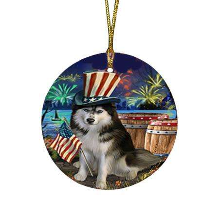 4th of July Independence Day Fireworks Siberian Husky Dog at the Lake Round Flat Christmas Ornament RFPOR50989
