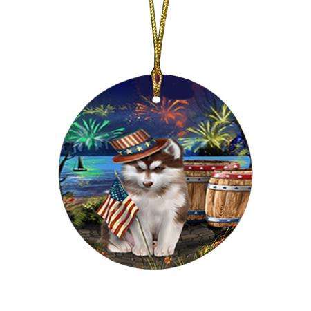 4th of July Independence Day Fireworks Siberian Husky Dog at the Lake Round Flat Christmas Ornament RFPOR50990