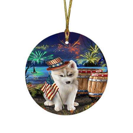4th of July Independence Day Fireworks Siberian Husky Dog at the Lake Round Flat Christmas Ornament RFPOR50991