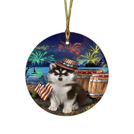 4th of July Independence Day Fireworks Siberian Husky Dog at the Lake Round Flat Christmas Ornament RFPOR50992