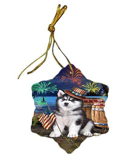 4th of July Independence Day Fireworks Siberian Husky Dog at the Lake Star Porcelain Ornament SPOR50989