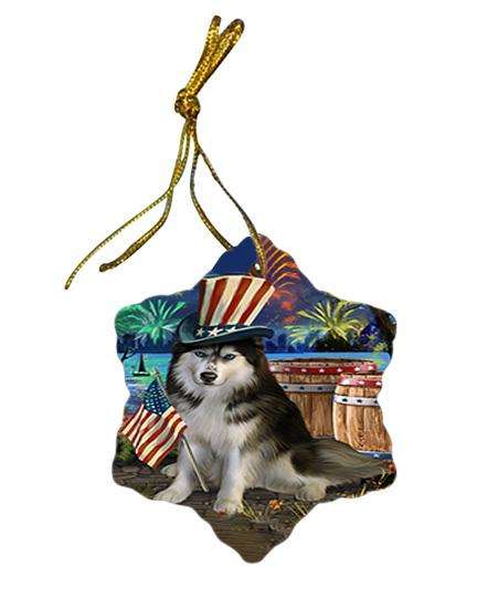 4th of July Independence Day Fireworks Siberian Husky Dog at the Lake Star Porcelain Ornament SPOR50990