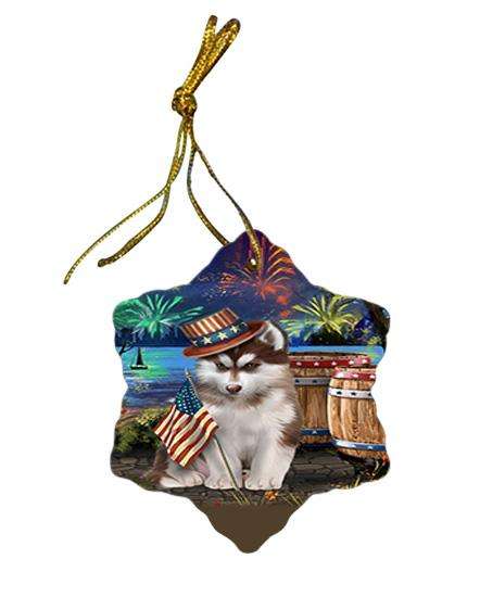 4th of July Independence Day Fireworks Siberian Husky Dog at the Lake Star Porcelain Ornament SPOR50991