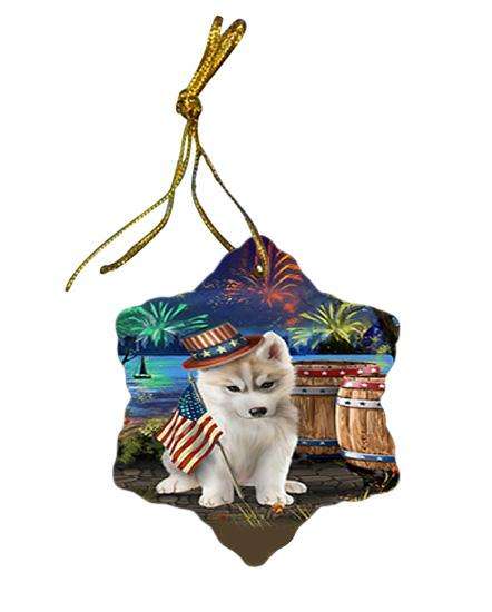 4th of July Independence Day Fireworks Siberian Husky Dog at the Lake Star Porcelain Ornament SPOR50992