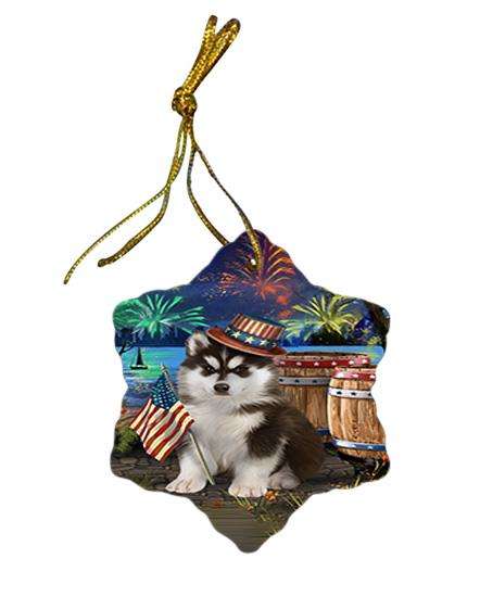 4th of July Independence Day Fireworks Siberian Husky Dog at the Lake Star Porcelain Ornament SPOR50993