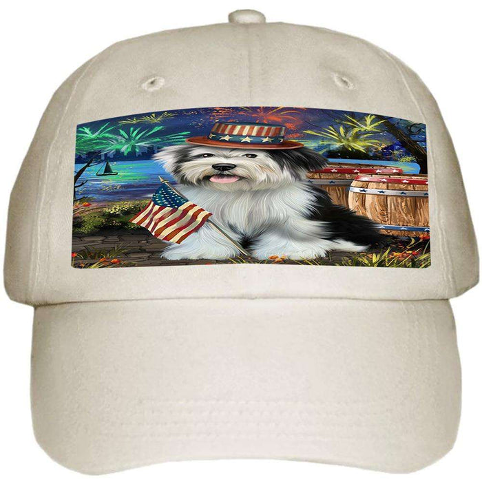 4th of July Independence Day Fireworks Tibetan Terrier Dog at the Lake Ball Hat Cap HAT57444