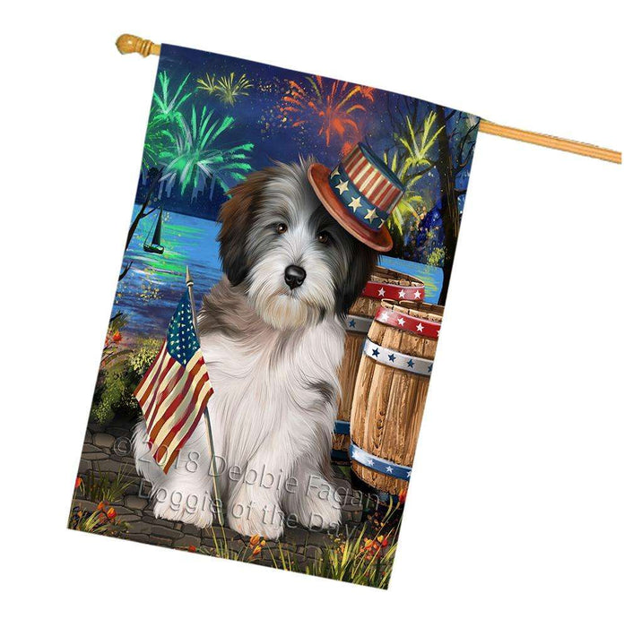 4th of July Independence Day Fireworks Tibetan Terrier Dog at the Lake House Flag FLG51292