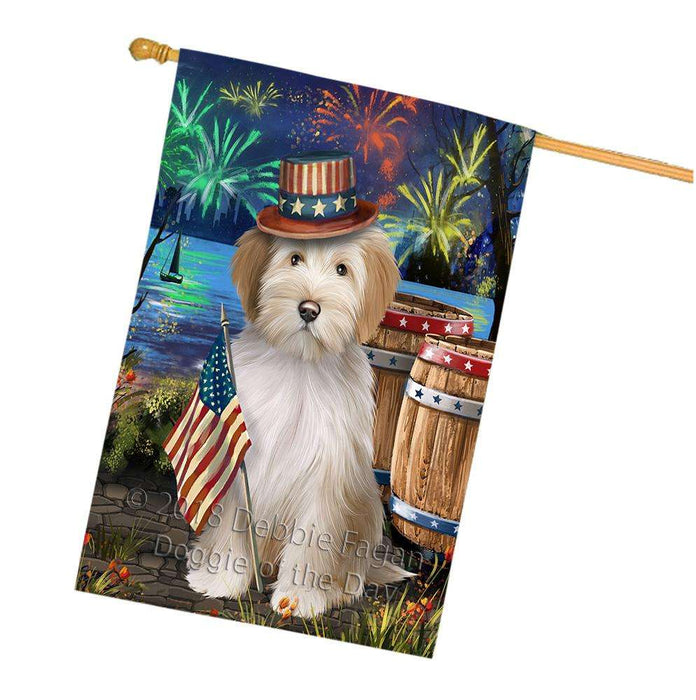 4th of July Independence Day Fireworks Tibetan Terrier Dog at the Lake House Flag FLG51294