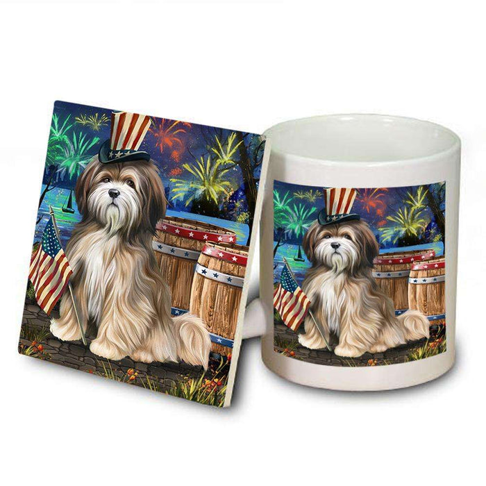 4th of July Independence Day Fireworks Tibetan Terrier Dog at the Lake Mug and Coaster Set MUC51225