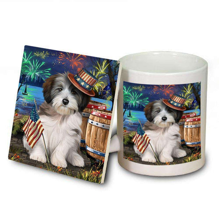 4th of July Independence Day Fireworks Tibetan Terrier Dog at the Lake Mug and Coaster Set MUC51226