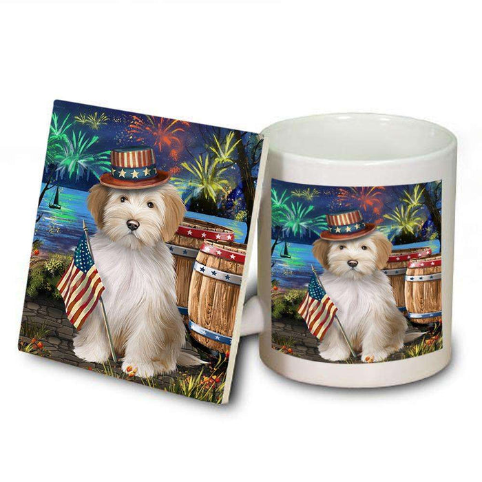 4th of July Independence Day Fireworks Tibetan Terrier Dog at the Lake Mug and Coaster Set MUC51228