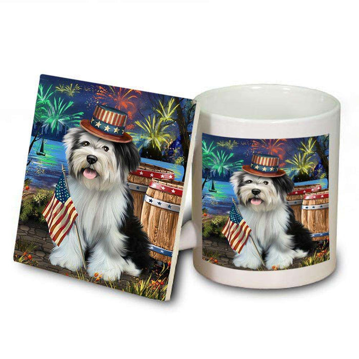 4th of July Independence Day Fireworks Tibetan Terrier Dog at the Lake Mug and Coaster Set MUC51229