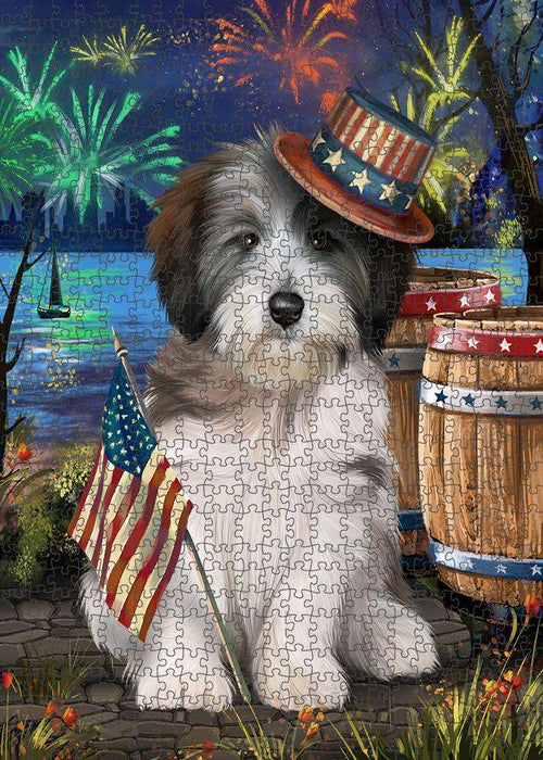 4th of July Independence Day Fireworks Tibetan Terrier Dog at the Lake Puzzle with Photo Tin PUZL57564