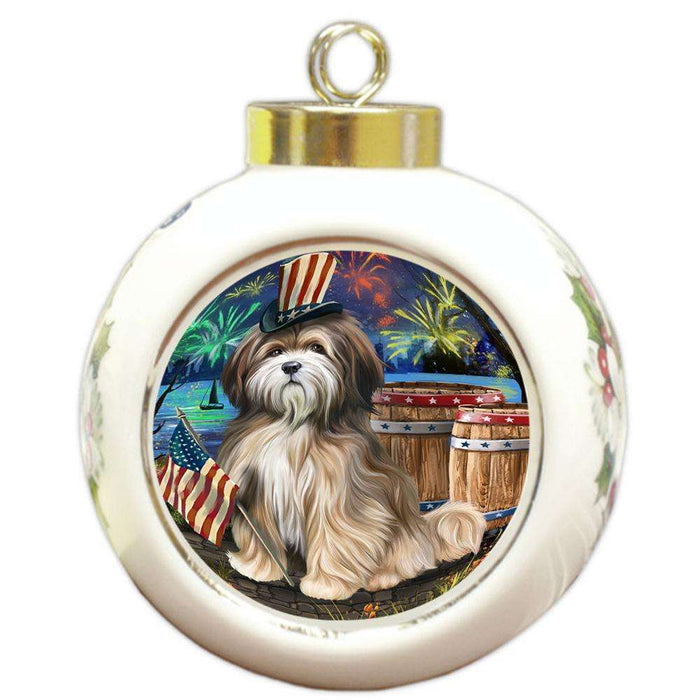 4th of July Independence Day Fireworks Tibetan Terrier Dog at the Lake Round Ball Christmas Ornament RBPOR51233