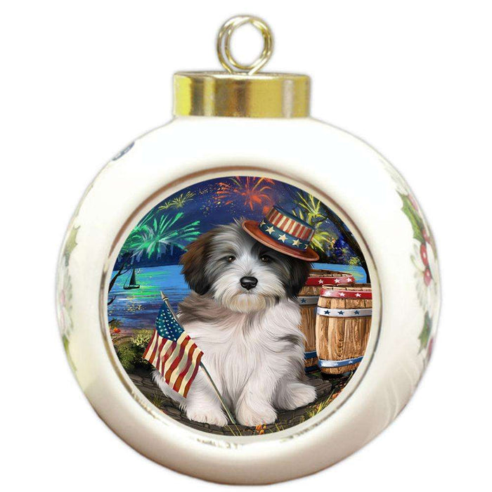 4th of July Independence Day Fireworks Tibetan Terrier Dog at the Lake Round Ball Christmas Ornament RBPOR51234