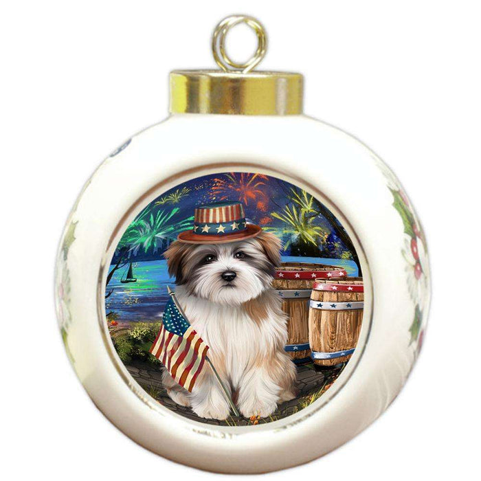4th of July Independence Day Fireworks Tibetan Terrier Dog at the Lake Round Ball Christmas Ornament RBPOR51235